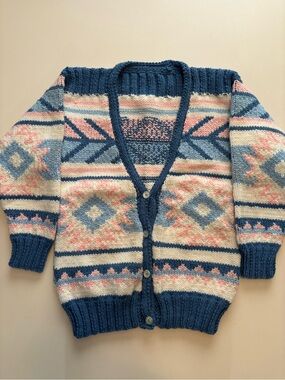 Vintage hand knitted cardigan sweater Aztec design bright beautiful outstanding